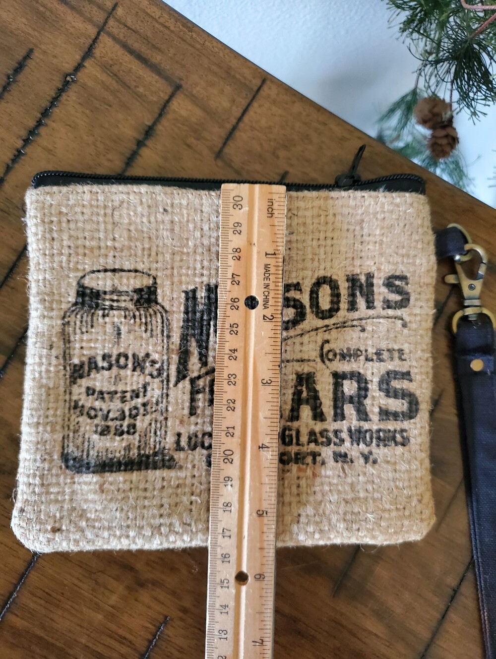 Masons Fruit Jars Wristlet Purse Burlap Ticking Stripe Makeup Bag India NWOT - Picture 3 of 9